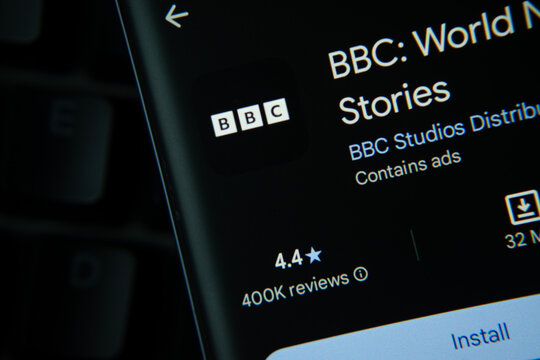 Dhaka, Bangladesh- 27 July 2025: BBC app from Google Playstore is displayed on a smartphone screen.
