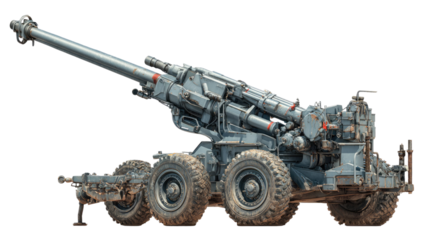 An old Soviet-era heavy military tank and armored vehicle with a green cannon stands as an isolated powerful artillery machine for army transport during battle and war