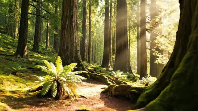 Sunlight filtering through ancient redwood trees in a lush, green forest with ferns and moss-covered roots.