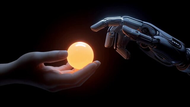 Human Hand and Robotic Hand Gently Balancing Glowing Orange Orb in Minimal Black Background