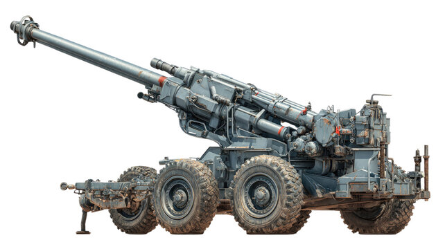 An old Soviet-era heavy military tank and armored vehicle with a green cannon stands as an isolated powerful artillery machine for army transport during battle and war