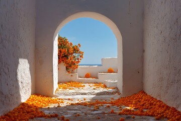 Orange fruit falling on a bright stone archway outdoors.