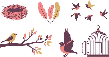 Illustrations of birds and bird-related elements