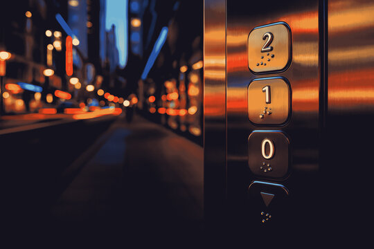 Elevator buttons with numbers 0, 1, and 2, illuminated in a dark building at sunset.