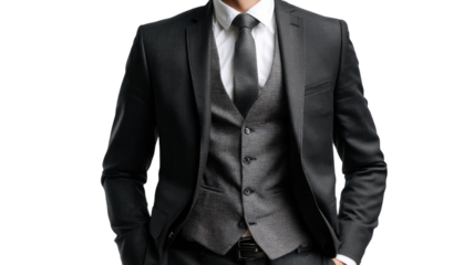 A professional executive manager in an elegant black suit and tie standing alone in a formal office setting as a symbol of successful business clothing