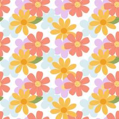 Vibrant seamless floral pattern with coral, yellow, and blue blooms on white, playful, cheerful, and perfect for textiles or decor.