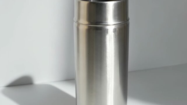 A sleek stainless steel thermos reflecting soft light and shadows.