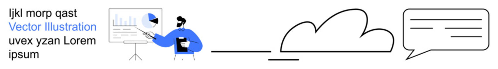 Business strategies, cloud technology, team collaboration, data analytics, digital tools, online communication. A person presenting on a chart, linked cloud and speech bubble. Business strategies