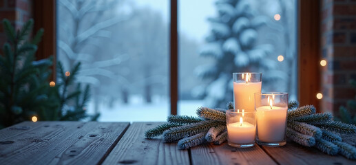 Photorealistic winter twilight with glowing white candles in glass holders and frosted cedar on a wooden table by a snowy window