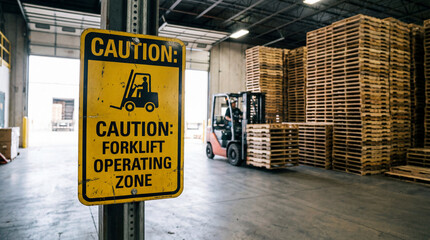 Warehouse forklift operation safety zone warning preventing workplace injury accident through proper signage communication protocol OSHA compliance industrial logistics material handling risk