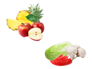 studio photograph featuring a medley of fresh apples, pineapple, cabbage, mushrooms, and peppers, perfect for highlighting a diverse range of healthy food choices