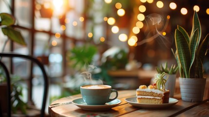 National Marzipan Day:Cozy coffee shop scene with marzipan desserts on rustic wooden table, steaming cappuccino cup nearby, soft afternoon sunlight streaming through window