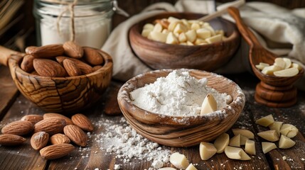 Fototapeta premium National Marzipan Day:marzipan making ingredients beautifully arranged, whole almonds, almond flour, powdered sugar, fresh marzipan pieces, vintage wooden bowls, linen cloth