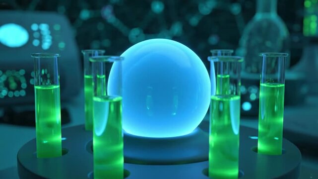 Futuristic laboratory glowing green test tubes surround a central radiant blue energy orb, symbolizing innovative scientific research, advanced technological discoveries, and the pursuit of knowledge