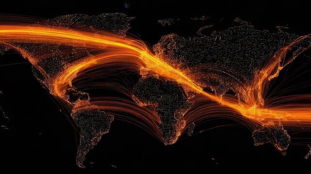 A dark world map with glowing orange flight paths linking continents.