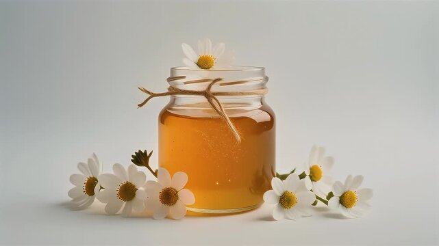 Jar of Honey with Flowers. Beautiful natural, healthy food