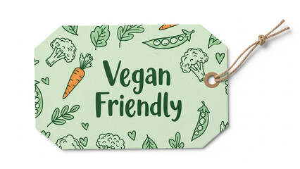 Vegan friendly tag with illustrations of vegetables and green background  