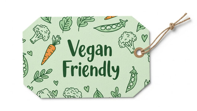 Vegan friendly tag with illustrations of vegetables and green background   - Powered by Adobe