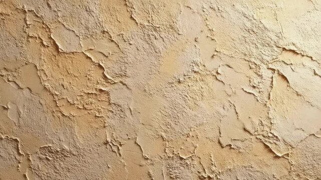 Close-up of a textured beige plaster wall with peeling, cracked paint.