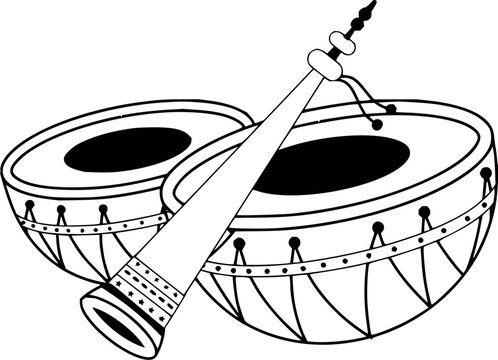 Traditional Indian musical instruments Dhol drum and Shehnai wind instrument illustration