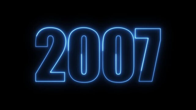 New year 2007 text icon animation glowing neon blue color number anniversary template banner sign signboard holiday code digit rectangle box font letter word on black background