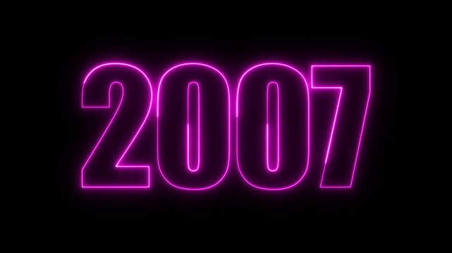New year 2007 text icon animation glowing neon purple color number anniversary template banner sign signboard holiday code digit rectangle box font letter word on black background