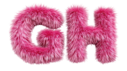 fluffy pink furry textured uppercase G and H alphabet letters with long hair style isolated on white background