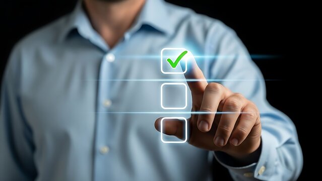 Man interacting with a digital checklist interface on a dark background