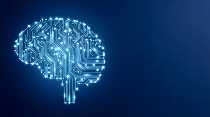 Artificial intelligence brain with glowing circuit board lines on a dark blue background
