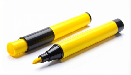 Yellow highlighter marker with chisel tip and black cap placed beside it on neutral surface.