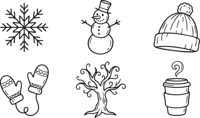 Black and white doodle icons of winter elements snowflake snowman hat mittens tree and coffee cup