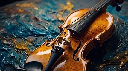 Fototapeta premium Elegant Wooden Violin Resting on Vibrant Blue and Gold Artistic Background