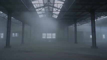 Industrial warehouse interior with pillars and dusty atmosphere. - Powered by Adobe