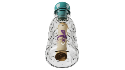 Isolated message in a bottle with scroll and blue stopper, sea travel concept, voyage story