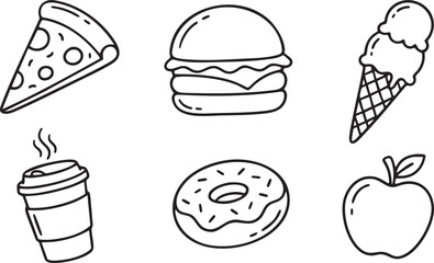 Black and white line art icons of pizza burger ice cream coffee donut and apple slice hamburger