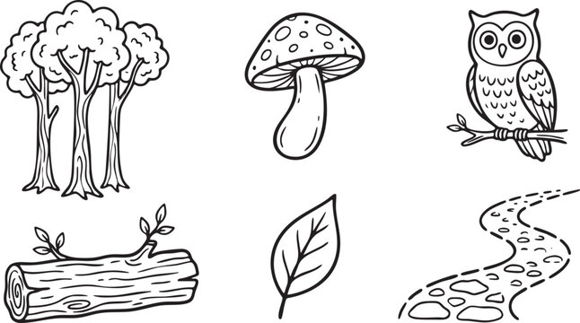 Black and white line art forest elements including trees mushroom owl log leaf and path vector