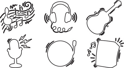 Black outline music icons including notes headphones guitar microphone record player and speaker