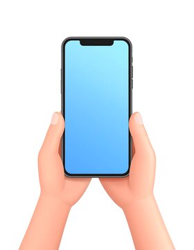 Cartoon-style hands holding a smartphone with a blue screen