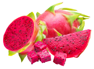 high-quality photograph showcasing vivid red dragon fruit, with some cut into cubes and a slice, highlighting the vibrant colors, and texture.