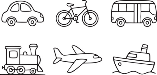 Simple black outline drawings of six different modes of transportation on a white background bicycle