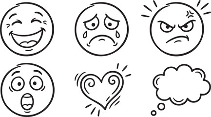 Six black and white hand drawn cartoon faces and symbols including happy sad angry surprised heart and thought bubble