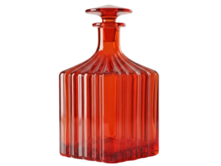 Isolated fancy red glass decanter with stopper for liqueur or liquor, front view on plain backdrop