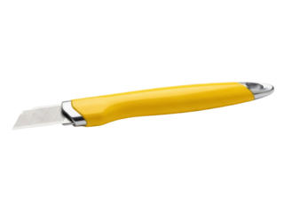Isolated box cutter blade with a yellow plastic handle for cutting tasks or utility work