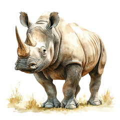 Fototapeta premium White Rhinoceros, soft hand-painted watercolor illustration, isolated on a white background.