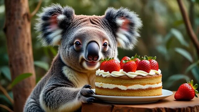 Tier mit Erdbeerkuchen