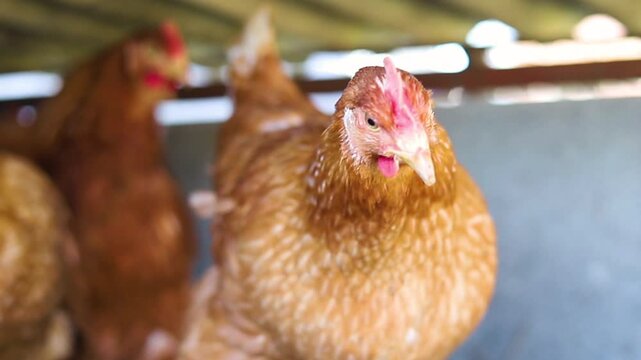 A group of red-feathered chickens in a special pen, poultry farm, poultry, agriculture.