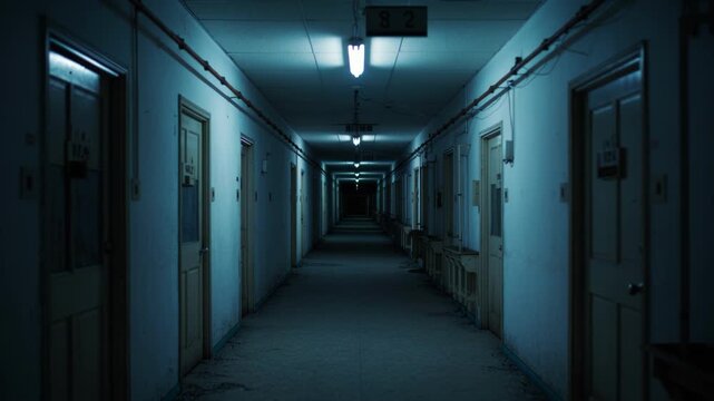 Long dimly lit corridor in an abandoned building with flickering fluorescent lights, eerie atmosphere and perspective view creating sense of isolation and suspense