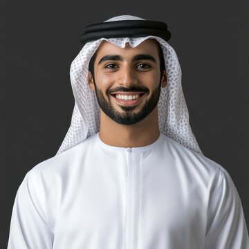 A young man wears a white kandura and a black ghutrah, smiling confidently with a dark background