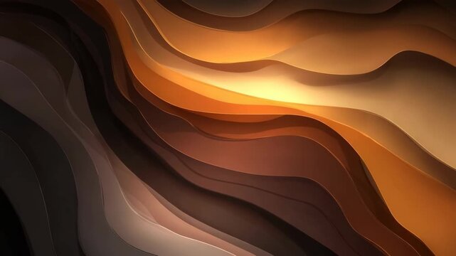 Abstract flowing layers in warm brown, orange, and gold shades with smooth curves on a dark background, concept of depth and harmony