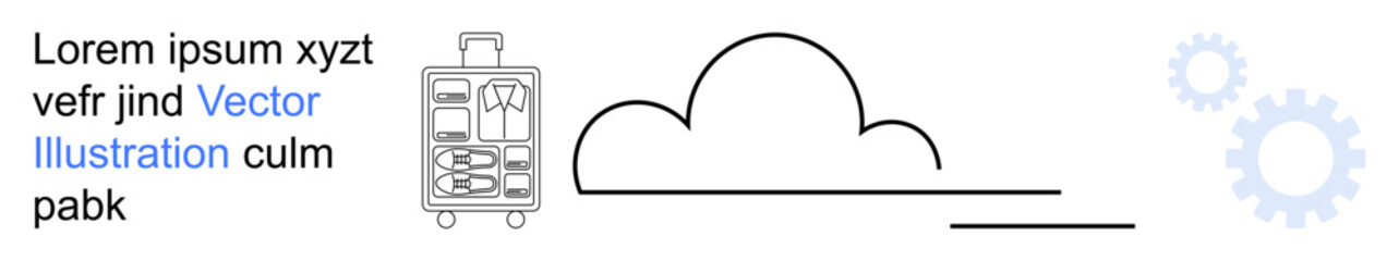 Fototapeta premium Travel planning, cloud storage, luggage items, technology connection, vacation needs, mobility solutions. Minimalistic suitcase with essentials, cloud and gear icons. Travel planning and cloud